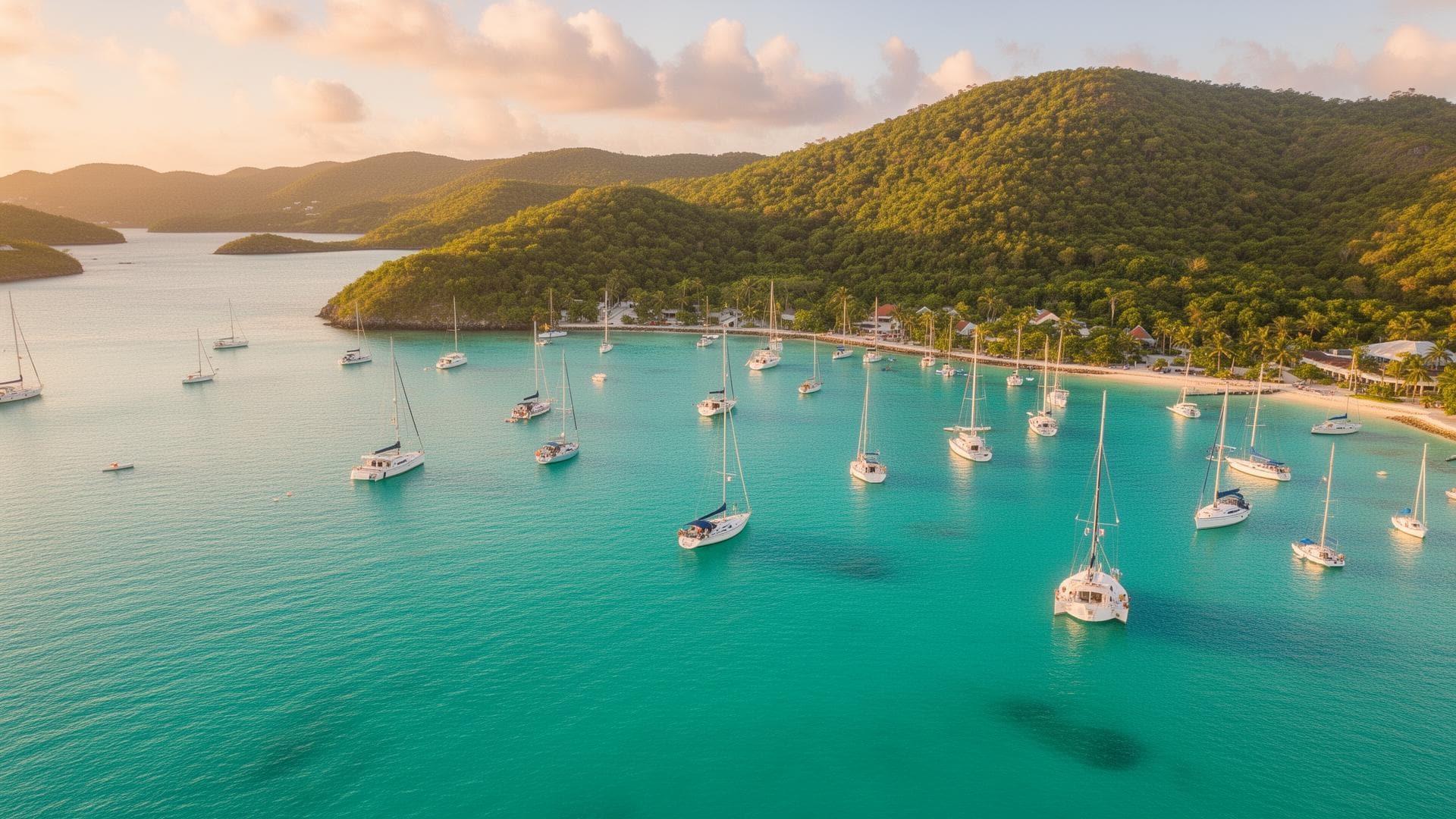 Sailboats anchored in a calm Caribbean harbor
